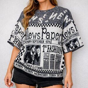 Vintage SeaFarer Newspaper Print Knit Sweater Graphic 90s Art Womens S Art